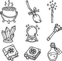 Mystical Witchcraft Tools Enchanting Line Art of Cauldron, Broomstick, Crystals, and Spellbooks in a Whimsical Setting vector