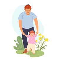 Happy father helping toddler girl make first steps. Happy dad holding baby daughter by hands, supporting her walk. Flat design for blog, nursery prints and Father's Day greeting card vector