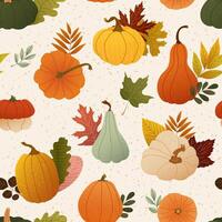Colorful pumpkins and leaves pattern vector