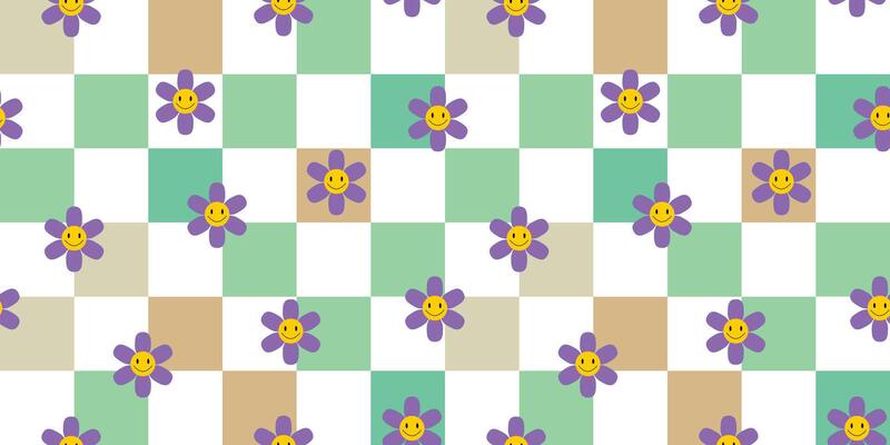 Happy face purple flowers on soft pastel squares, seamless floral design for kids or spring
