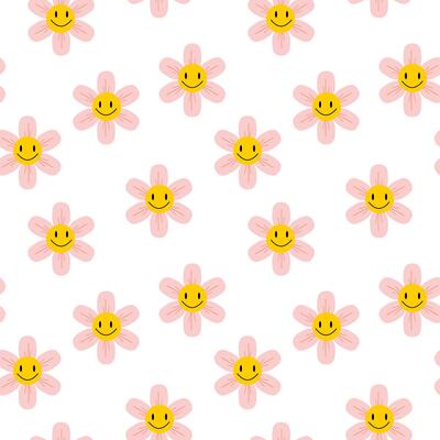 Happy face flowers in soft pink tones, seamless floral pattern for children or spring themes