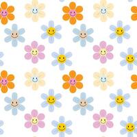 Happy face flowers in pastel tones, seamless floral pattern for kids, spring, and fun themes vector