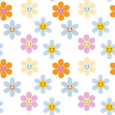 Happy face flowers in pastel tones, seamless floral pattern for kids, spring, and fun themes