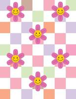 Cute floral pattern with happy face flowers and soft pastel squares, cheerful design vector