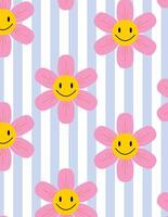 Pattern with smiling pink flowers on blue and white striped background, cute and playful design vector
