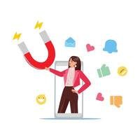 of businesswoman with magnet pulling likes, messages, and notifications from smartphone vector
