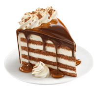 Delicious chocolate cake slice featuring layers of rich sponge, creamy frosting, topped with chocolate and caramel sauce served on a white plate, transparent background png
