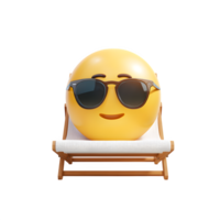 A charming emoji relaxes on a beach chair wearing sunglasses, creating a fun and lighthearted summer vacation vibe with a transparent background. png