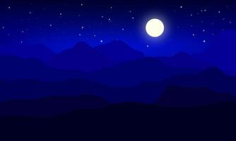 illustration of blue night mountains with glowing full moon and scattered stars in sky. vector