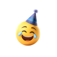 A hilarious emoji wearing a shiny party hat, tears streaming down its face against a stark transparent background creates a celebratory mood. png