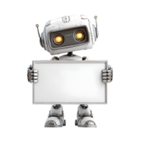 Futuristic robot holding a blank whiteboard against a transparent backdrop presents a space for messages, notices, or advertising with AI technology. png
