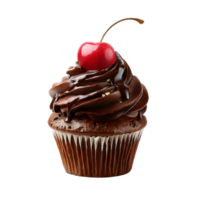 Delicious chocolate cupcake with a bright red cherry on top, perfect for dessert lovers and bakery-themed designs against a transparent background. png