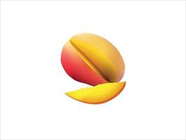 High quality 3D realistic ripe mango with juicy sliced mango piece, tropical fruit design for food illustrations, packaging, and exotic fruit concepts vector