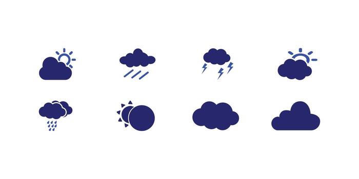Complete set of flat weather icons representing various meteorological conditions for use in forecasts, apps, and climate-related designs vector