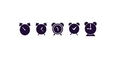set of classic alarm clock icons including black ringing analog timepieces for schedule, reminder, alert, morning wake-up, and time management concepts vector