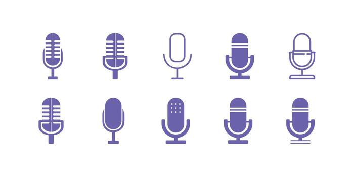 conjunto de varios micrófono íconos incluso podcast micrófono, karaoke micrófono, estudio y En Vivo actuación micrófonos Perfecto para música, audio, y transmitir aplicaciones vector