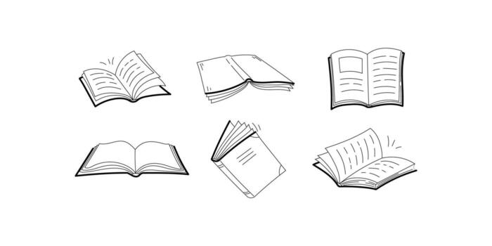 Hand drawn collection of open sketch-style books with different perspectives, ideal for educational, library, reading, or literature related projects vector