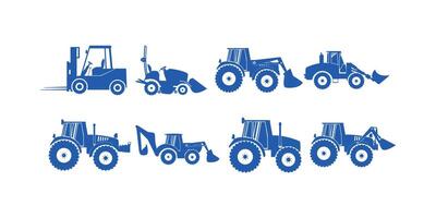 collection of black farm tractor silhouette icons showing agricultural machinery, farming equipment, and rural tools in isolated icon style for design and infographics vector