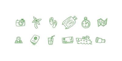 Creative collection of hand drawn travel icons in doodle art style featuring suitcase, camera, map, and transportation for tourism and vacation design projects vector