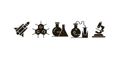 collection of science icons including rocket, atom, lab tools and more, perfect for education, innovation, physics, chemistry, and scientific presentations. vector