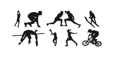 Collection of sport silhouettes in format showing athletes in various physical activities and exercise poses ideal for fitness and competition themes vector