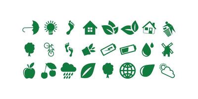 set of eco-friendly nature and recycle icons including leaves, trees, renewable energy, waste management, and sustainability concepts for green design vector
