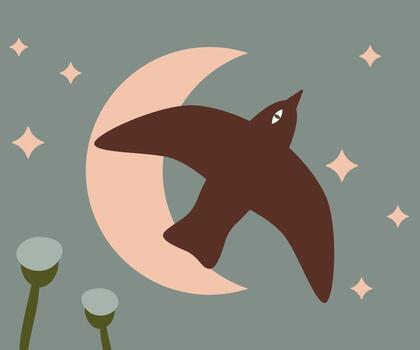Bird Flying Over Crescent Moon Illustration. Bird soaring over a crescent moon with stars in the background, creating an abstract nocturnal scene vector