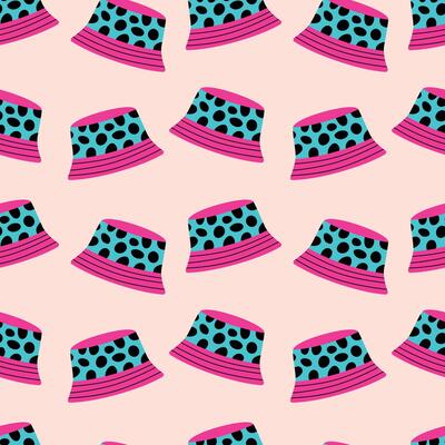 Vibrant Polka Dot Bucket Hat Seamless Pattern. Playful and artistic design ideal for fashion, textiles, and modern graphic projects.