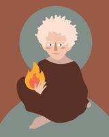 Abstract illustration of a person with curly hair, sitting while holding a flame in one hand. vector