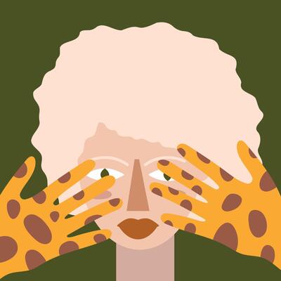 This abstract illustration features a stylized face partially concealed by vibrant, patterned hands. A bold depiction of identity and emotion through modern art techniques.