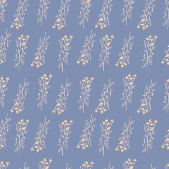 sin costura floral modelo con delicado botánico motivo. pequeño manzanilla y ramas en un suave azul antecedentes. esta ilustración es ideal para textil diseño o fondo de pantalla. vector