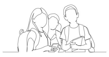 Continuous line drawing of three standing school kids with books. vector