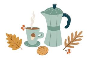 Hand drawn autumn composition with a moka pot, acorn cup, steam, berries, cookie, and fall leaves. Perfect for cozy seasonal prints, greeting cards, or warm drink designs vector