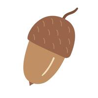 Brown acorn with textured cap and curved stem. Hand drawn flat illustration. vector