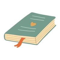 Closed green book with a heart on the cover and a red ribbon bookmark. Hand drawn flat illustration. vector
