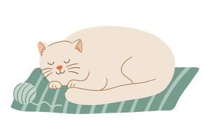Cute cream colored cat sleeping on a green striped blanket with a ball of yarn. Cozy autumn hygge scene in hand drawn flat style vector
