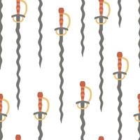 Seamless pattern featuring flamberge swords with ornate hilts. Hand drawn flat style illustration for textile print in historical or fantasy theme vector
