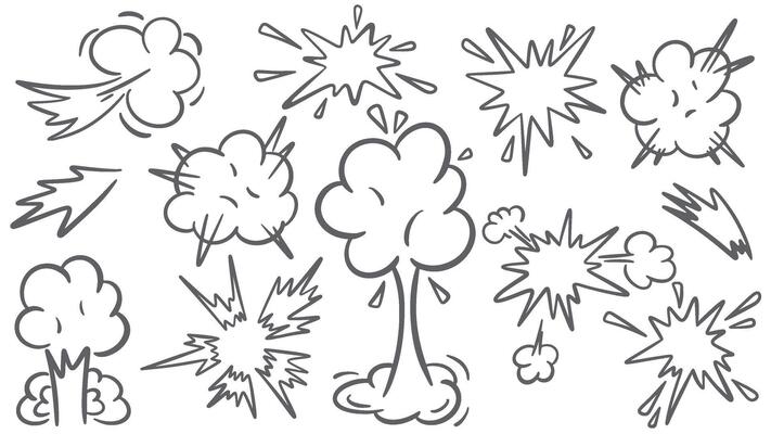 Explosion clouds and flashes with sparks set