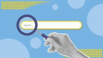 Hand points magnifying glass at search line on website vector