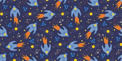 Spaceships in outer space seamless background for kids vector