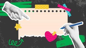 On dark grunge background, hand points to torn sheet of paper vector