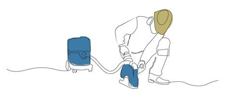 Minimalist single line drawing of a construction worker operating an electric floor cutter, connected to a vacuum or power unit vector