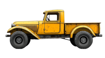 Vintage yellow truck with a weathered appearance isolated on transparent background. png