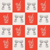 Red hand drawn drinks, cocktails seamless pattern in trendy whimsical style. Perfect background for quirky italian wedding holiday, poster cards, dinner and bar menu, fabric, wrapping paper. vector