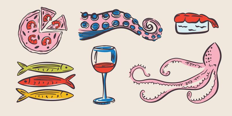 Nord hand drawn sea food illustrations in trendy whimsical style. Perfect doodle for quirky italian wedding holiday, poster, dinner and bar menu, bachelorette party, birthday invitation, sign