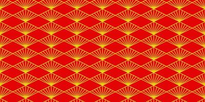Red Asian line art seamless pattern with oriental traditional shapes flowers ornament, waves. Red and gold Japanese print for lunar chinese new year decoration. Luxury retro illustration vector