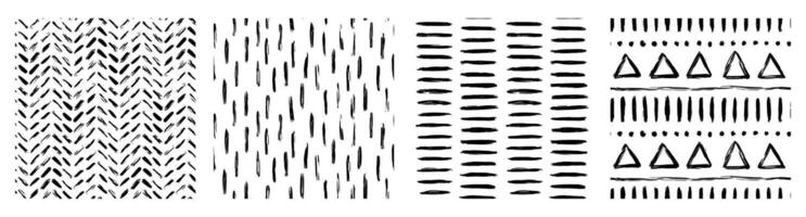 Four Aesthetic Contemporary printable seamless pattern with abstract line, dot, shape brush stroke in black and white colors. Boho background in minimalist style Illustration for wallpaper fabric vector