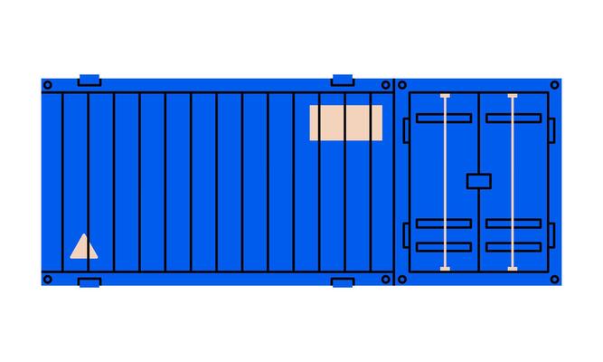 Hand drawn cute illustration of sea container. Flat ship cargo doodle. Parcel international shipping icon. Shopping logistics. Delivery service sticker. Export or import. Isolated.