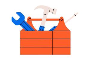 Hand drawn cute illustration of toolbox with instruments. Flat repair tool in box doodle. Support service hardware kit icon. Wrench, hammer and screwdriver. Settings or fix problem. Isolated. vector
