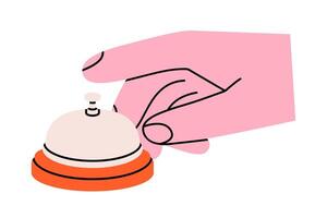 Hand drawn cute illustration hand ringing service bell. Flat arm pressing call ring doodle. Hotel reception icon. Alert message. Attention button. Customer help service sticker. Isolated. vector